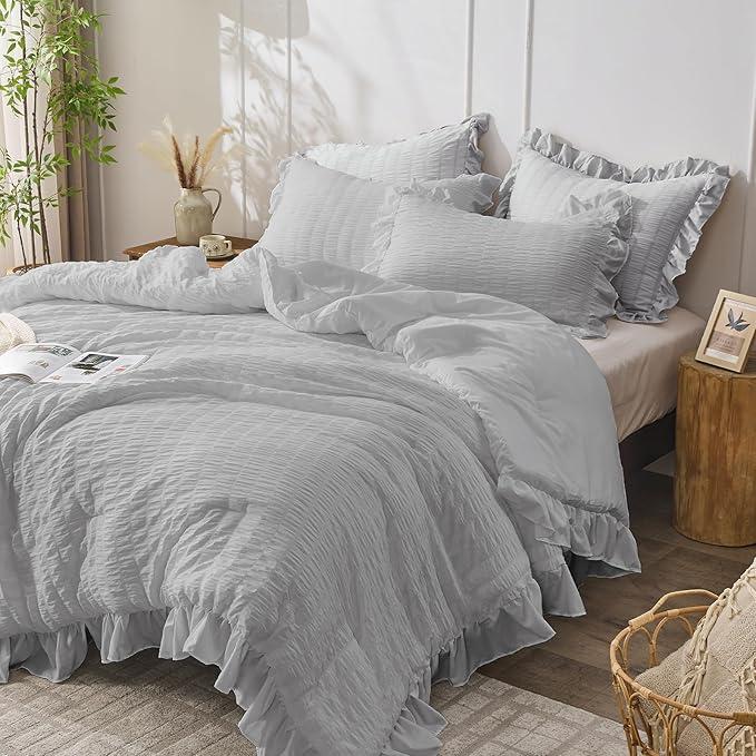 JOLLYVOGUE Light Grey Twin Size Comforter Set, 2 Pieces Seersucker Lightweight Fluffy Bedding Set, Twin Ruffle Comforter, All Season Soft Microfiber Shabby Chic Bed Set