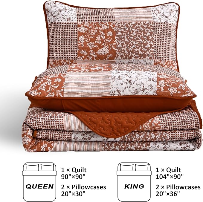 Mybedsoul Burnt Orange Quilt Set King Size, 3 Pieces Boho Plaid Terracotta Floral Bedspread Set Microfiber Lightweight Bohemian Bedding Bedspread Coverlet Set for All Season 90"x104"