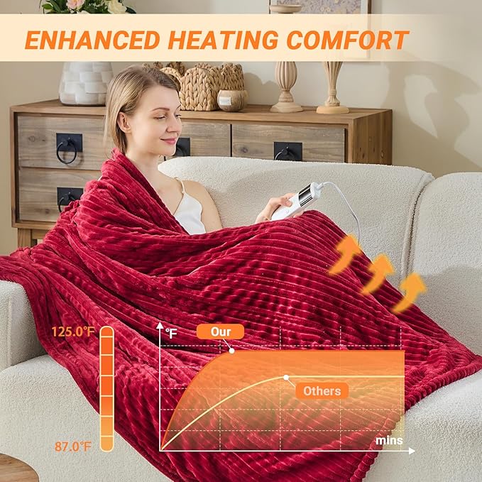 Heated Blanket Electric Throw, Soft Flannel Heating Blanket with 8 Hours Auto Off 10 Fast Heating Levels Machine Washable Sherpa Heated Blanket with Overheating Protection