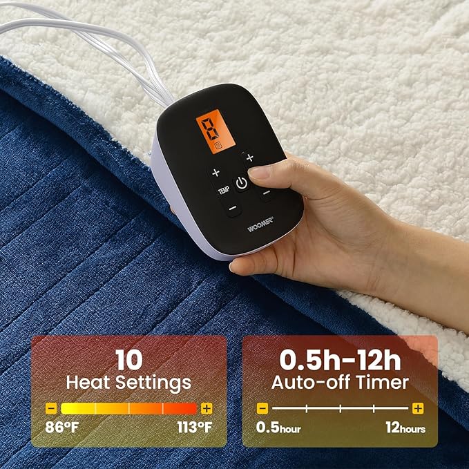 WOOMER [5-Year Warranty] Electric Blanket Full Size,Durable Flannel and Soft Sherpa,Dual Control,77”×84” Heated Throw Blanket, 10 Heat Levels&0.5-12h auto-Off,Energy Efficient,ETL Certified