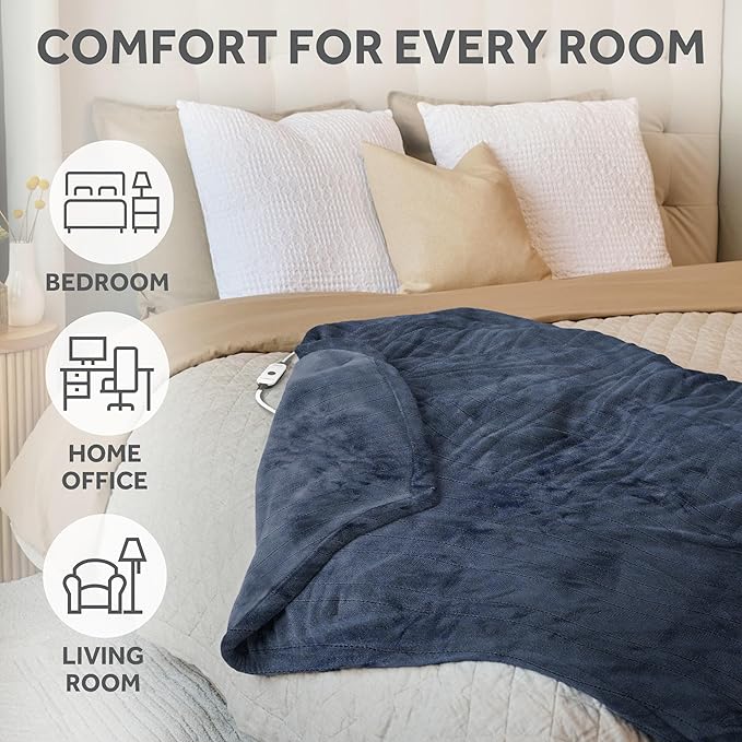 Sunbeam Royal Posh Velvet Heated Throw Electric Blanket, 50" x 60", 4 Heat Settings, 4-Hour Auto Shut-Off, Warming Throw for Couch, Fast Heating, Machine Washable, Warm and Cozy, Rain Storm Blue