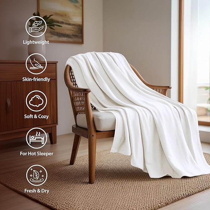 Twin Size Blanket, 70% Rayon (Derived from Bamboo) and 30% Cotton, Lightweight Jacquard Weave, Breathable and Soft Summer Blanket for Bed or Couch, 66” x 90”, White