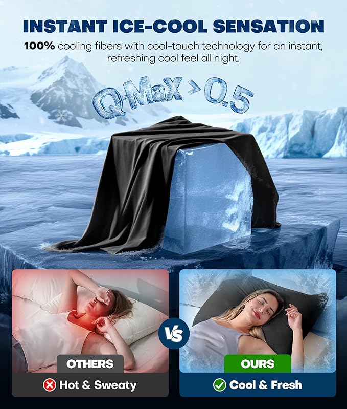 Ultra-Chill Cooling Pillowcase Set of 2 for Hot Sleepers, Softer Than Silk Pillow Cases for Protecting Hair & Skin, Breathable Bed Pillow Covers w/Zipper, Gifts for Women & Men (Black, Queen)