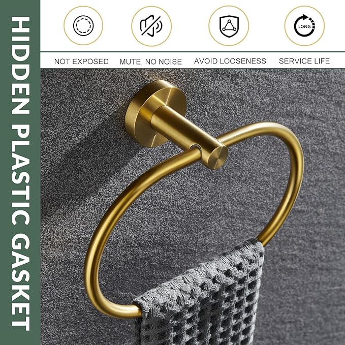 APLusee 2 Pieces Bathroom Hardware Set Brushed Gold, Contemporary 304 Stainless Steel Storage Accessories Kit with Oval Hand Towel Ring, Toilet Paper Holder Wall Mounted