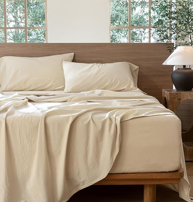 MooMee Bedding Sheet Set 100% Washed Cotton Linen Like Textured Breathable Durable Soft Comfy (Heathered Almond Milk Grey, Split King)