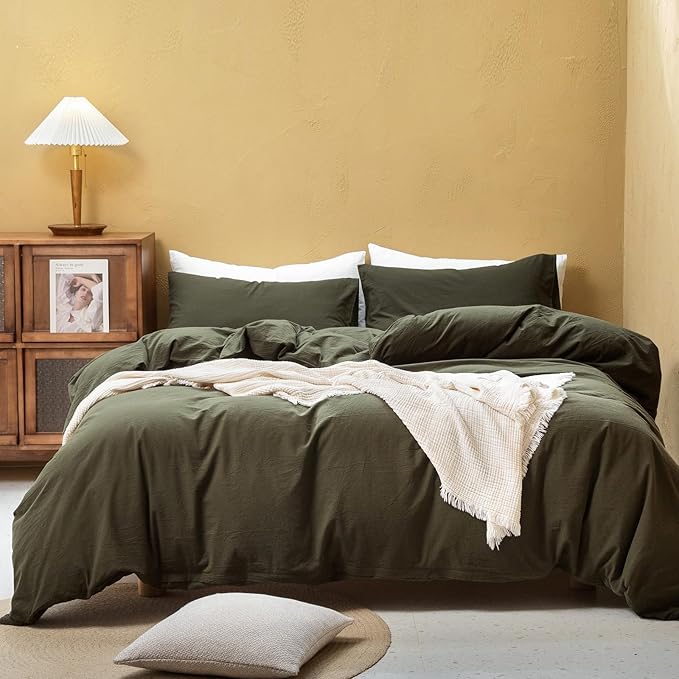 FOSSA Duvet Cover Set 100% Washed Cotton Linen Feel Super Soft Breathable Cozy 3 Pieces Bedding Sets Solid Olive Green Oversized King