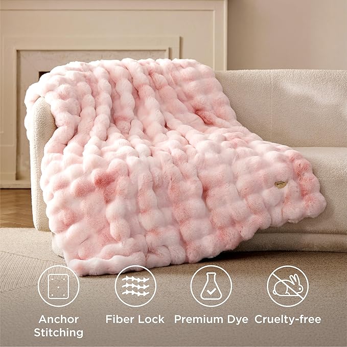 Bedsure GentleSoft Fluffy Faux Fur Blanket Twin Size, Fuzzy Soft Bubble Blanket for Couch, Faux Fur Decor for Home Bedroom Living Room, Thick Furry Cozy Gifts for Women, Tie-dye Pink, 60x80 Inch