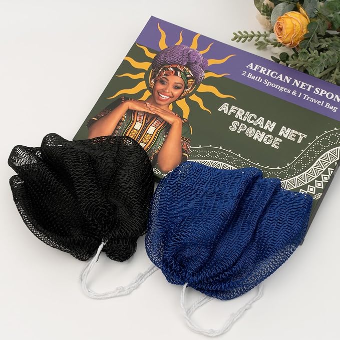 African Net Sponge Authentic with Handles (Set of 2), African Exfoliating Net Sponge, Exfoliating Body Scrubber Bath Sponge - Bathing Accessories with Storage Bag (Blue & Black)