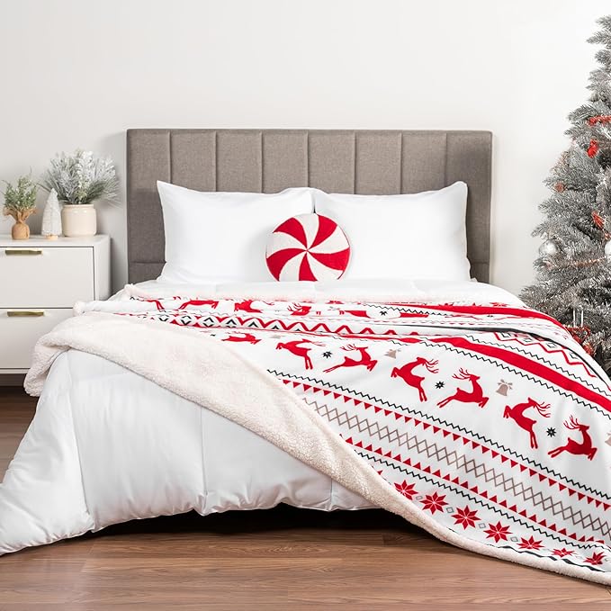 PAVILIA Premium Christmas Sherpa Throw Blanket | Christmas Decoration Gift, Fleece, Plush, Warm, Cozy Reversible Microfiber Holiday Blanket | White Reindeer - 60x80 Twin