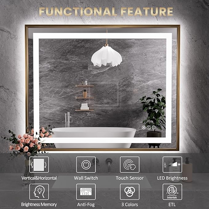 Amorho 40"X38" LED Bathroom Mirror, Golden Metal Framed Mirror with Front Light and Backlit, Stepless Dimmable, Anti-Fog, Shatter-Proof, Memory, 3 Colors