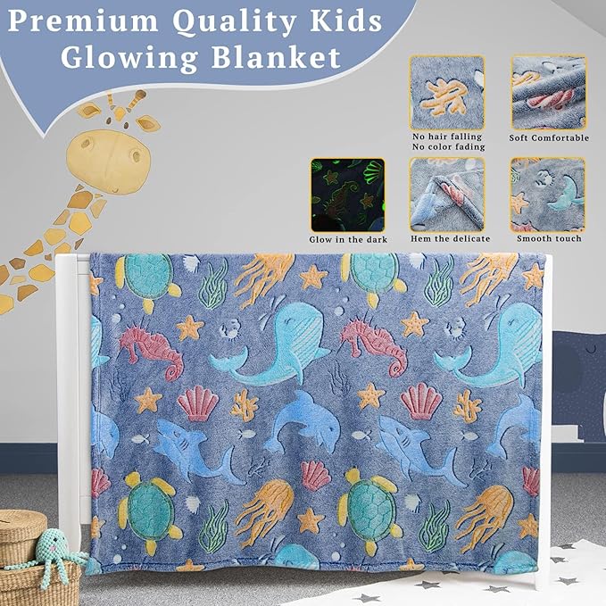 Glow in The Dark Throw Blanket Dolphin Marine Life Luminous Blankets and Throws Blue Colorful Plush Blankets Soft Glowing Throw Gift for Kids Girls Boys Teens Age 1-15 Years Old