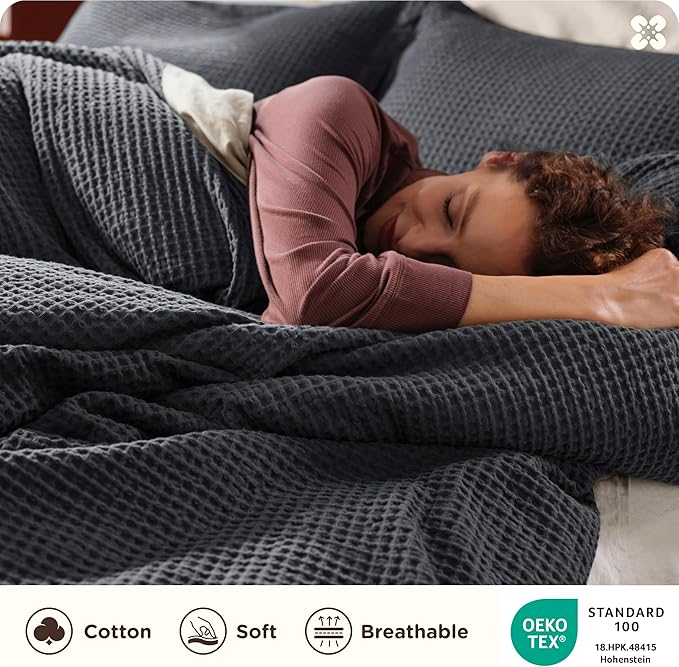 Bedsure Cotton Duvet Cover Set - 100% Cotton Waffle Weave Charcoal Duvet Cover Oversized Queen Size, GentleSoft™ and Breathable Bedding Set for All Season, 3 Pieces, 98"x98"