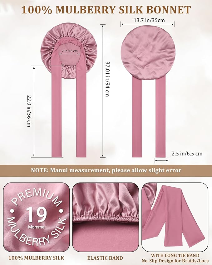 AWAYTR Mulberry Silk Bonnet for Sleeping - Silk Sleep Bonnet with Tie Band for Curly Hair Men and Women (Rose Gold)
