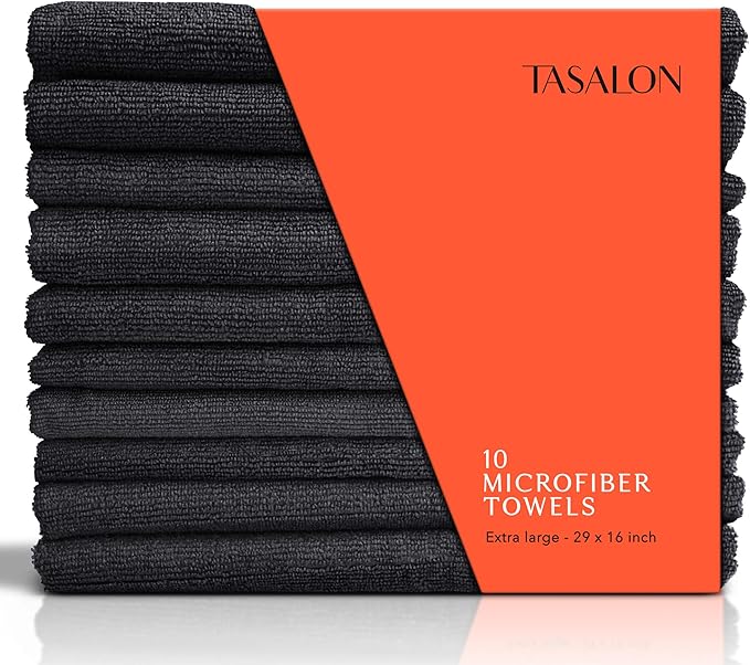TASALON Microfiber Hair Towel for Salon - 10 Pack - 29 x 16 Inches, Quick Dry and Ultra-Soft Facial Towels with Soft Absorbant - Black