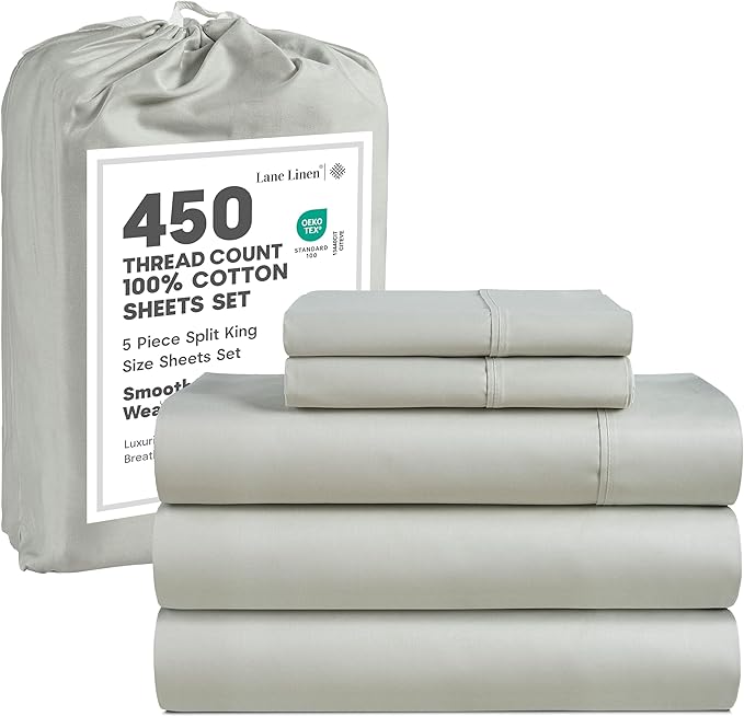 LANE LINEN Split King Sheet Set – 450 Thread Count 100% Cotton Cooling Sheets, Soft & Breathable Sateen Weave, 15” Deep Pocket Fully Elasticized Fitted Sheet, Machine Washable, Moonstruck