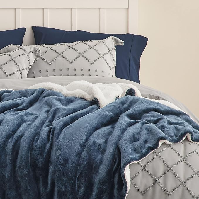 Bedsure GentleSoft Sherpa Fleece Blankets Queen Size for Bed - Thick and Warm, Soft Fuzzy Plush Queen Blanket for Winter, Slate Blue, 90x90 Inches
