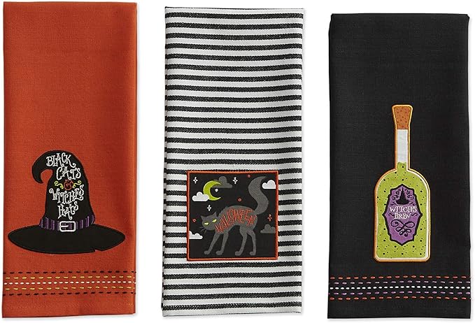 DII Happy Halloween Dishtowel Collection Embellished Cotton Kitchen Hand Towel Set, 18x28, Bewitched Potion, 3 Count