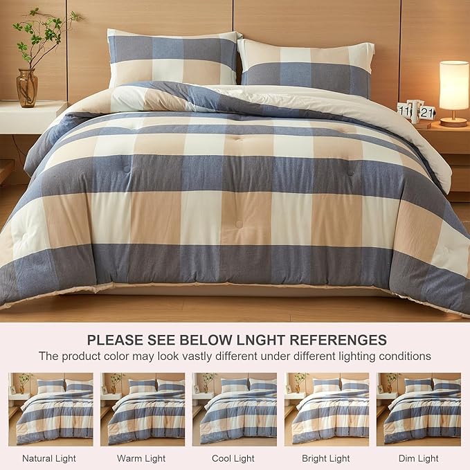 100% Cotton Comforter Set Queen Size – Reversible Yarn-Dyed Checkered Design, Soft Washed Cotton on Both Sides, Lightweight All-Season Bedding, Machine Washable(Blue White Plaid, 90”x90”)