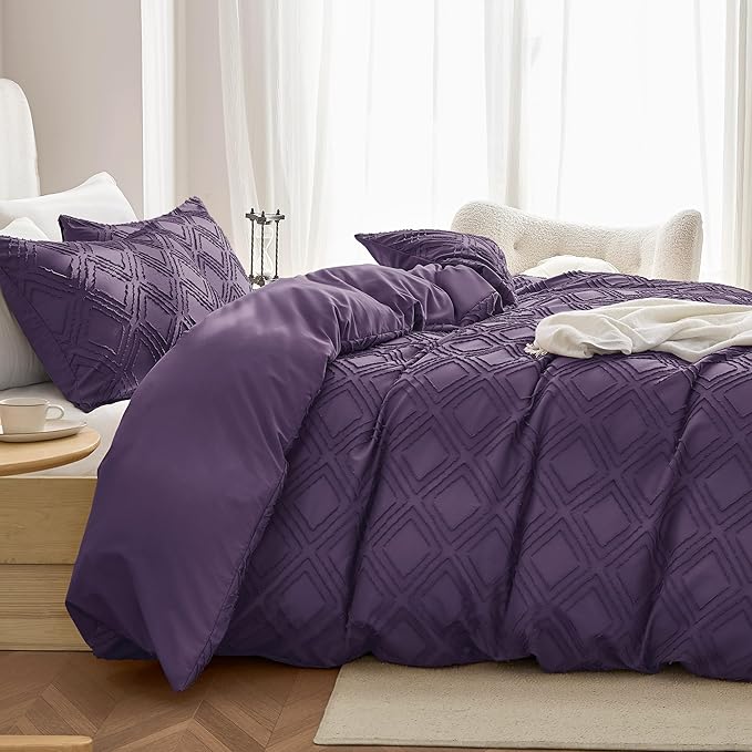 JELLYMONI Duvet Cover King Size Purple - 3PCS Boho Duvet Cover Set Plaid Polyester Tufted Bohemian Jacquard Knit Textured Comforter Cover 104×90in Rhombic Geometric Pattern Zipper Corner Tie
