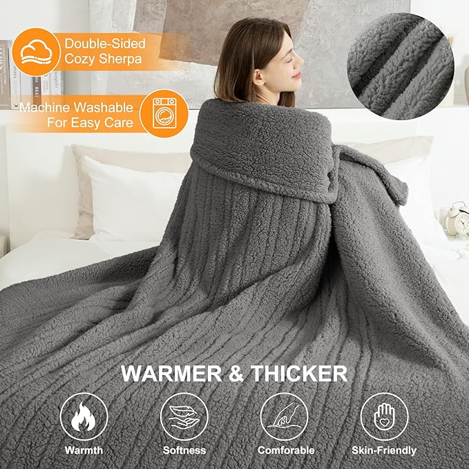 Heated Blanket Full Size 72"X84" Grey - Soft Double Sided Sherpa Electric Blanket Full Size with LED Display, 6 Heating Levels & 10 hrs Timer, Machine Washable & Fast Heating, Gift for Women