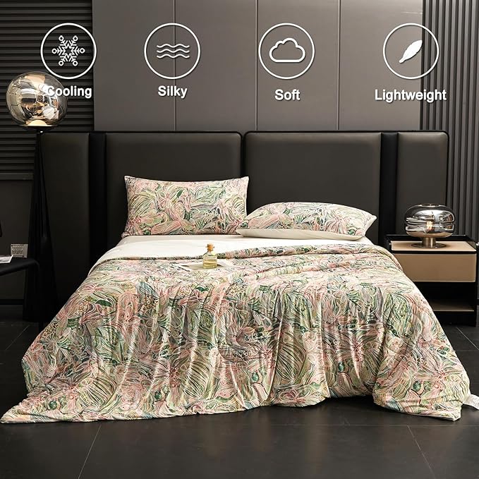 Cyusri Floral Print Cooling Comforter Set 3Pcs Breathable Cool King Size Bedding Set with 2 Pillowcases Green Pink Flowers Pattern Silky Cold Quilt, 108"x90"