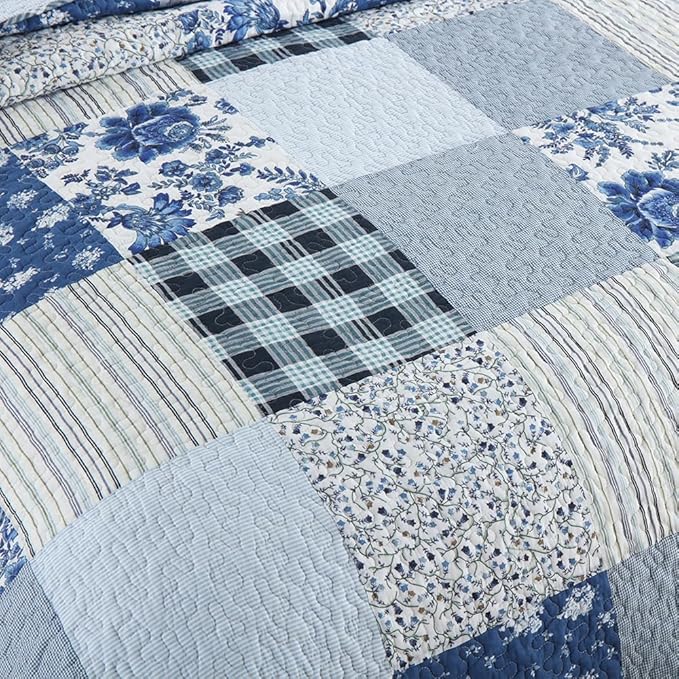 Cotton Bedspread Quilt Bedding Sets 3 Pieces Reversible Coverlet Sets Comforters Rustic Floral Patchwork Blue White Bedspread, King Size
