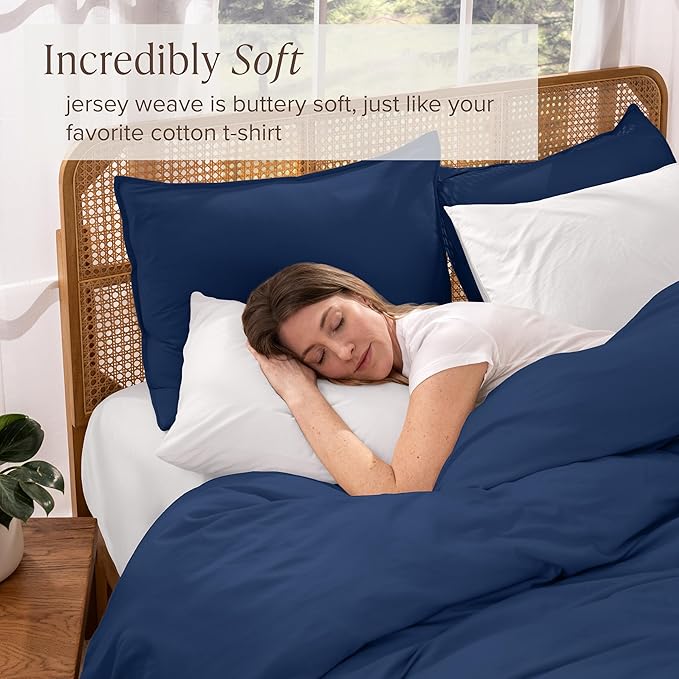 Bare Home 100% Organic Cotton Jersey Duvet Cover Set - Ultra Soft - 100% Cotton - 2pcs - Corner Ties - Button Closure - BedDuvet Cover & Pillow Shams (Twin/Twin XL, Dark Blue)