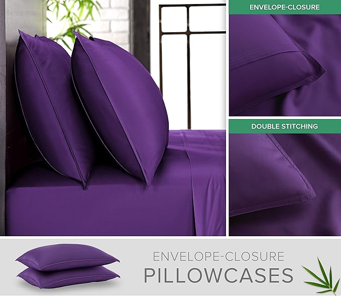 California King Sheets by Pure Bamboo, Genuine 100% Organic Viscose Derived from Bamboo Bed Sheet Set, Soft & Cooling, Double Stitching, Lifetime Quality Promise (California King, Purple)