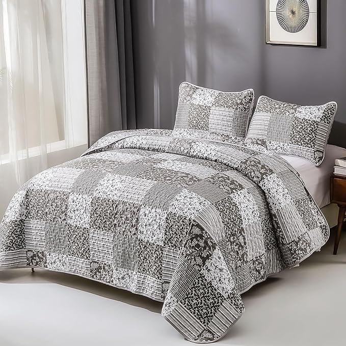 Mybedsoul Grey Boho Quilt Set King Size,3 Pieces Plaid Floral Bedspread Coverlet Set for All Season,Patchwork Reversible Bedding Set King 90"x104"