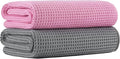 New Microfiber Waffle Bath Towels, 2 Pieces, Oversized, Soft, Absorbent, Fast Drying, Lint Free (Gray+Pink)