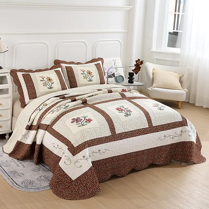 vctops 3 Piece Embroidered Floral Quilted Bedspread Quilt Set 100% Cotton Reversible Patchwork Coverlet Set 1 Quilt and 2 Pillow Shams (Coffee,King)