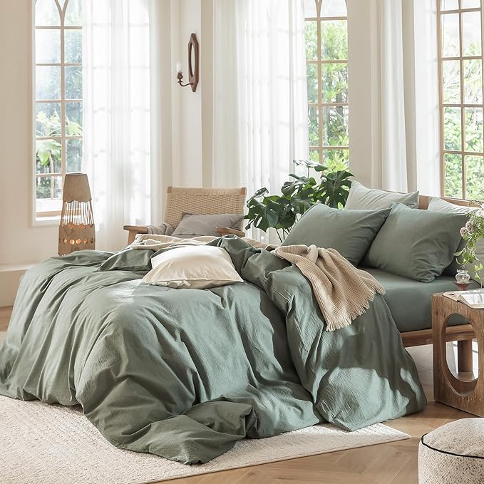 MooMee Bedding Duvet Cover Set 100% Washed Cotton Linen Like Textured Breathable Durable Soft Comfy (Heathered Green, Full 80"x90")