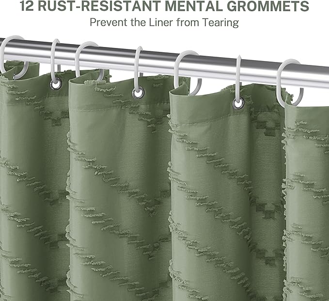 Boho Extra Long Sage Green Shower Curtain with Tassel, Woven Fabric, Tufted Chevron Striped, 72 x 78, Modern Chic Textured Minimalist