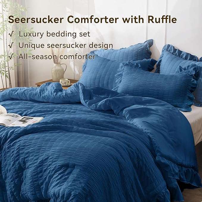 JOLLYVOGUE Teal Queen Comforter Set, 3 Pieces Seersucker Comforters Queen Size, Lightweight & Fluffy Bedding Sets Queen for All Season with 1 Ruffle Comforter and 2 Ruffle Pillowshams