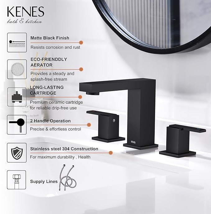 KENES Black Widespread Bathroom Faucet 3 Hole Bathroom Sink Faucet Matte Black Two Handle, 8-Inch 3 Pieces Bathroom Vanity Faucet with Pop Up Drain & Supply Lines, KE-9050-2-P