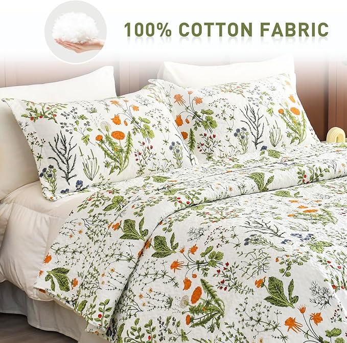 Lady Ann 100% Cotton Floral Oversized Queen Quilt Set - Yellow Flowers & Leaves Pattern Plant Botanical Printed Quilted 102x118 Bedspread & Coverlet Set, 3 PCS Lightweight Bedding Sets All Season