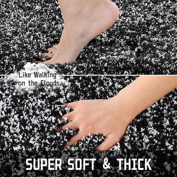 Yimobra Luxury Bathroom Rugs, Fluffy Bath Mats, Non Slip, Water Absorbent Microfiber, Machine Washable, Plush Runner Shower Rugs, Thick Matts for Bathroom Floor&Tub, 47"x 24", Black and White