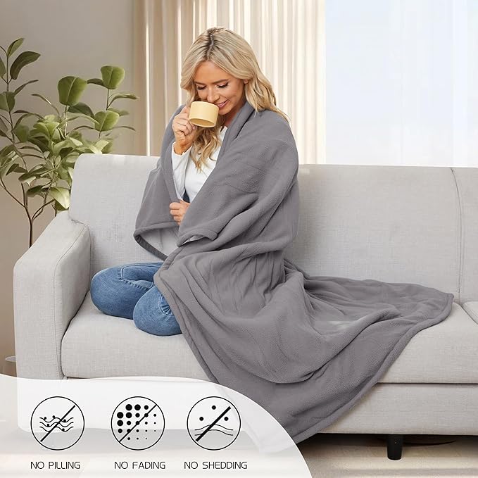 Heated Electric Throw Blanket 50" x 60" Size, Polar Fleece 4 Temperature Settings & 3 Hours Auto-Off Soft Fleece Cozy and Comfortable Machine Washable, Home Office Use - Light Grey