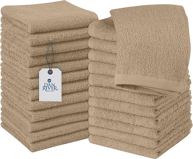 DAN RIVER 100% Cotton Wash Cloths 24 Pack [12x12] Soft & Absorbent Thin washcloths, Gym, Hotels & Spa Perfect for Everyday Use Fingertip Towels, Tan