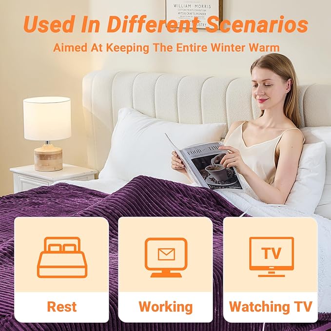 Heated Blanket Electric Full, Soft Flannel Heating Blanket with 8 Hours Auto Off 10 Fast Heating Levels Machine Washable Sherpa Heated Blanket with Overheating Protection