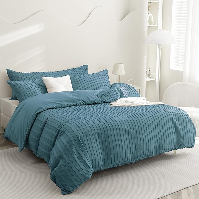 JELLYMONI Duvet Cover King Size Grayish Blue - 3PCS Boho Striped Duvet Cover Set Polyester Tufted Bohemian Textured Comforter Cover 104×90in with Corner Ties & Zipper and 2 Pillowcases