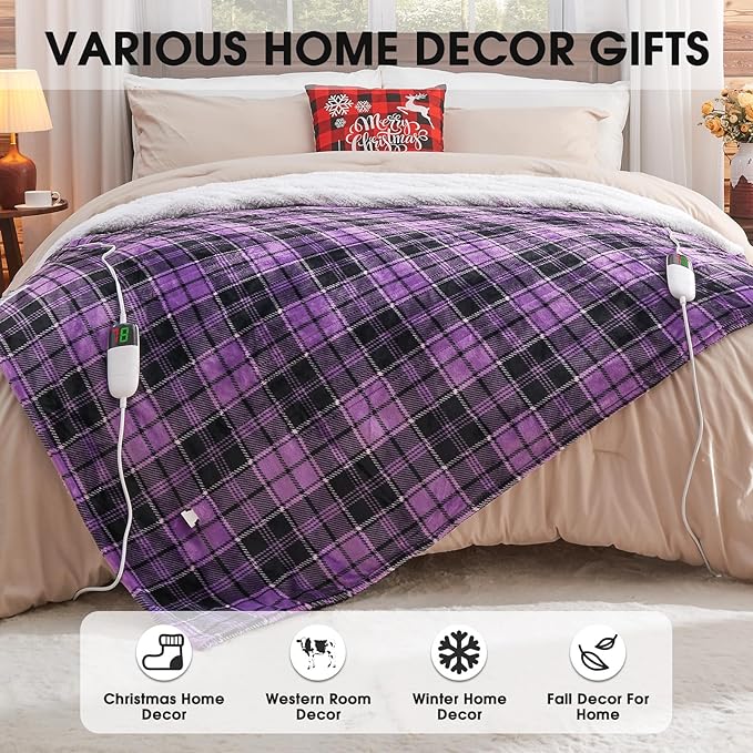 Heated Electric Blanket King Size, 90X100 Heating Blanket King with Dual Control&10 Heats Levels&Timer for Bed,Large Purple Plaid Sherpa Blankets Warmer Gifts for Grandma Women Adults, Washable