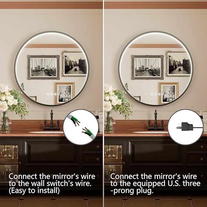 36 Inch Round LED Bathroom Mirror with Bluetooth, Black Lighted Bathroom Mirror Wall Mounted, Dimmable, Anti-Fog, 3000K/4500K/6000K