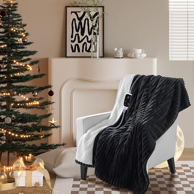 SEALY Electric Blanket Heated Throw, Soft Flannel to Sherpa Reversible Safe Heating with 6 Heat Settings & 2-10 Hours Auto Shut - Off Overheat Protection, Machine Washable, 50" x 60" Charcoal