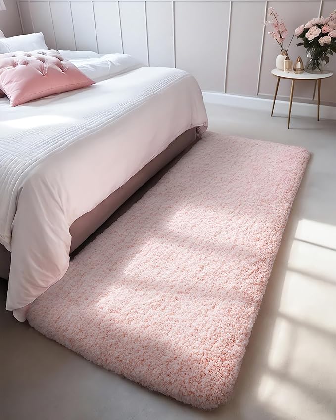 Pink Bathroom Runner Rug 24x70 Non Slip Fluffy Long Bath Mat for Bathroom Floor Washable Plush Luxury Bath Rug for Tub Absorbent Shower Sink Mat Bedside Rug