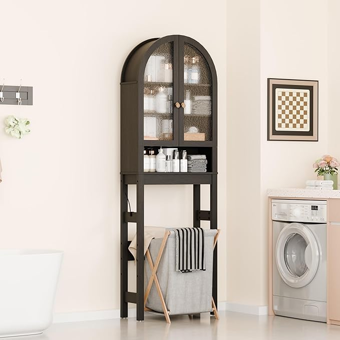 Over The Toilet Storage Cabinet, 23.7”W Modern Storage Cabinet Over Toilet with Rattan Doors, Arched Freestanding Over Toilet Rack with Adjustable Shelf for Bathroom, Dark Brown