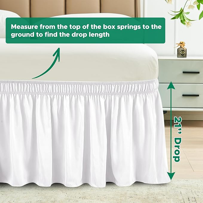Biscaynebay Wrap Around Bed Skirts for Queen Size Beds with Extra Long Drop of 21", White Adjustable Elastic Dust Ruffles Easy Fit Wrinkle Resistant Silky Luxurious Fabric Machine Washable