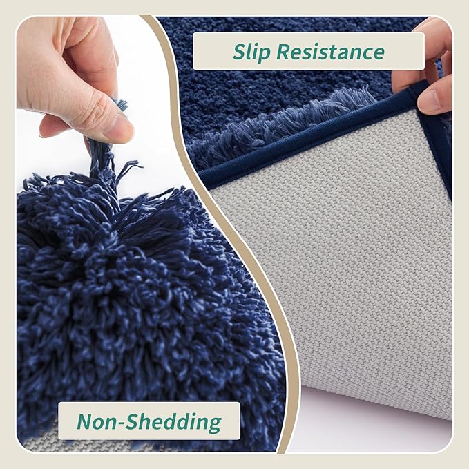 Navy Bathroom Rug 20x32 Non Slip Fluffy Bath Mat for Bathroom Floor Washable Plush Luxury Bath Rug for Tub Soft Shaggy Absorbent Shower Sink Mat
