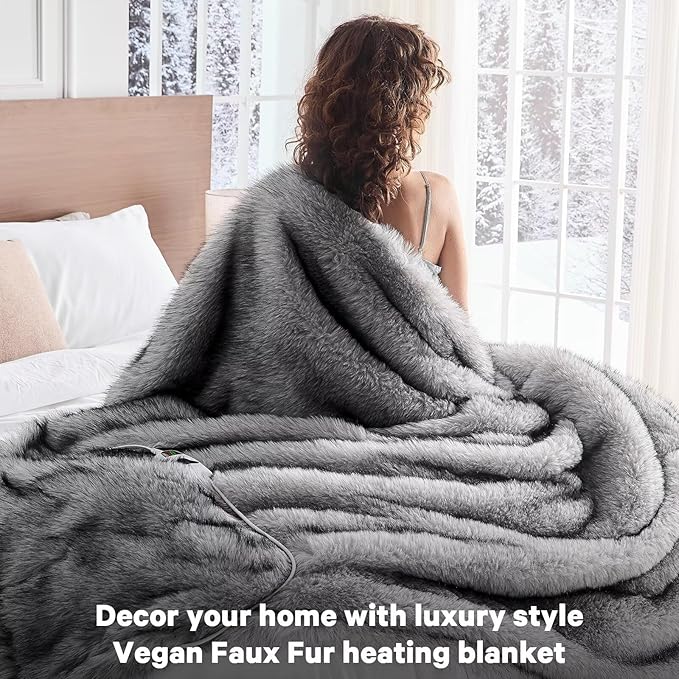 Heated Electric Blanket Throw,Octrot 50"X60" Faux Fur Heating Blanket Luxury Christmas Gifts Heavy Plush with 10 Heats Levels & 8 Hours Auto Off,Super Cozy Warm Fuzzy,Fluffy Decor Winter Warming,Grey