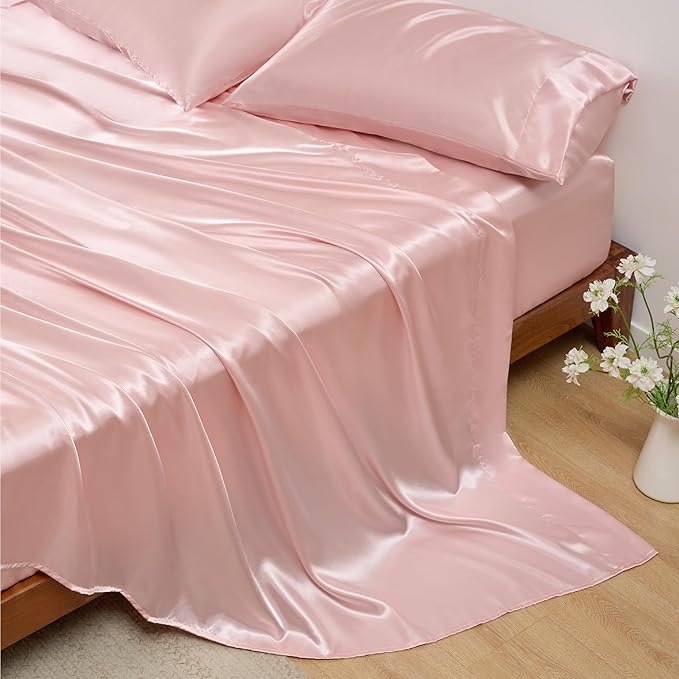 Bedsure Pink Satin Sheets Cal King Size - 4 Piece Silky Bedsheets with 15 Inches Deep Pocket Fitted Bedsheet,1 Flat Sheet, 2 Satin Pillowcases, Good for Hair & Skin (Cal King, Pink)